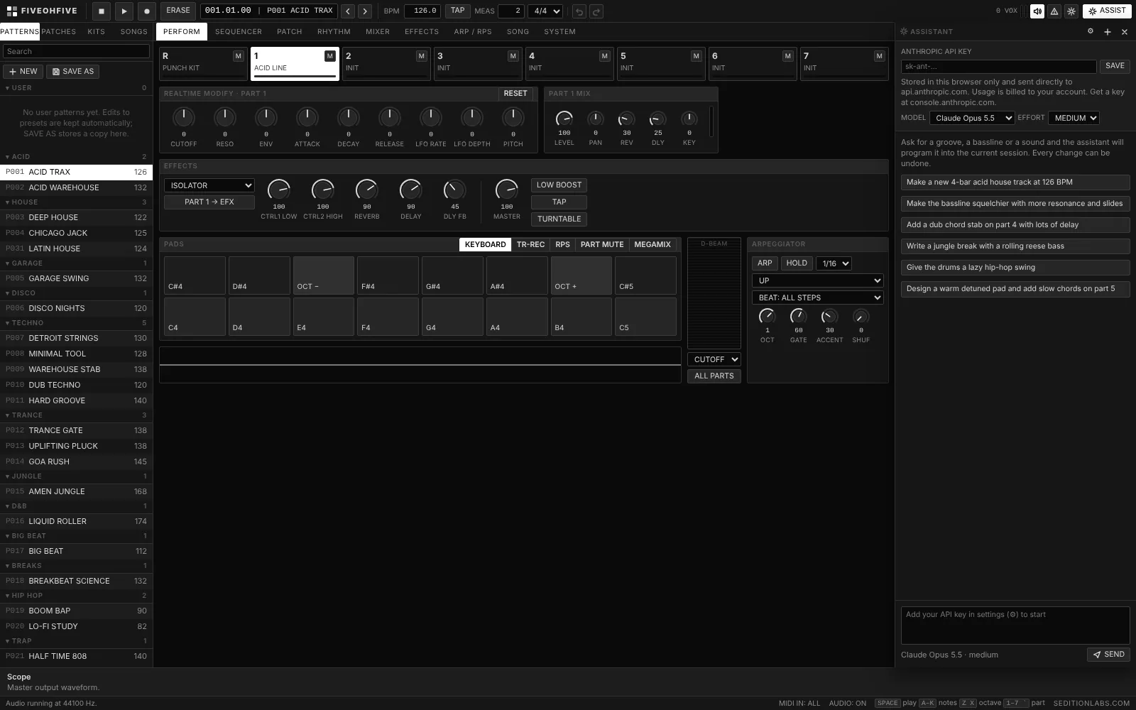 FiveOhFive perform view: realtime modify knobs, effects, sixteen pads, the D-Beam and the arpeggiator.