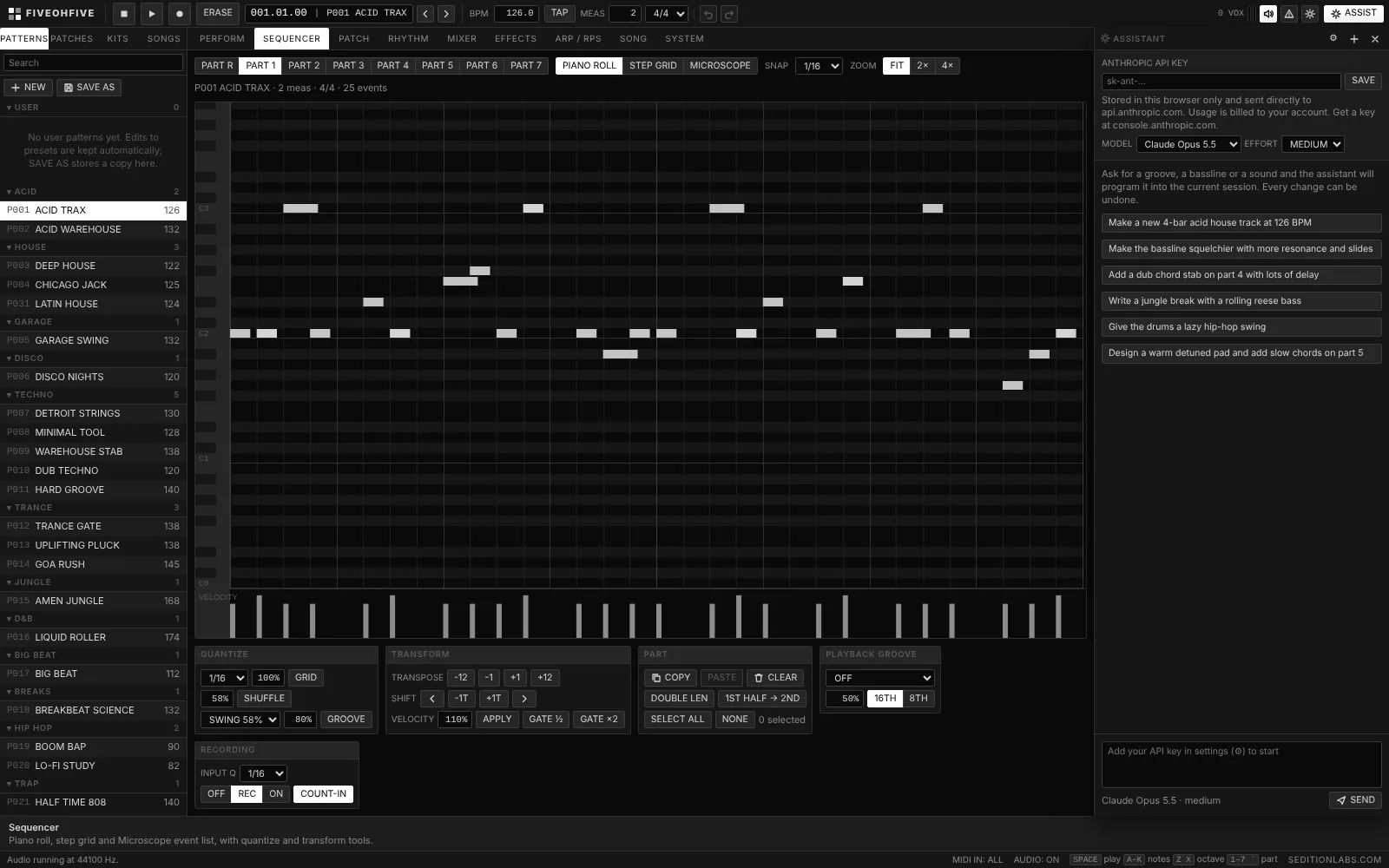 FiveOhFive sequencer: a piano roll and velocity lane for an acid bassline, a pattern browser on the left and the AI assistant panel on the right.