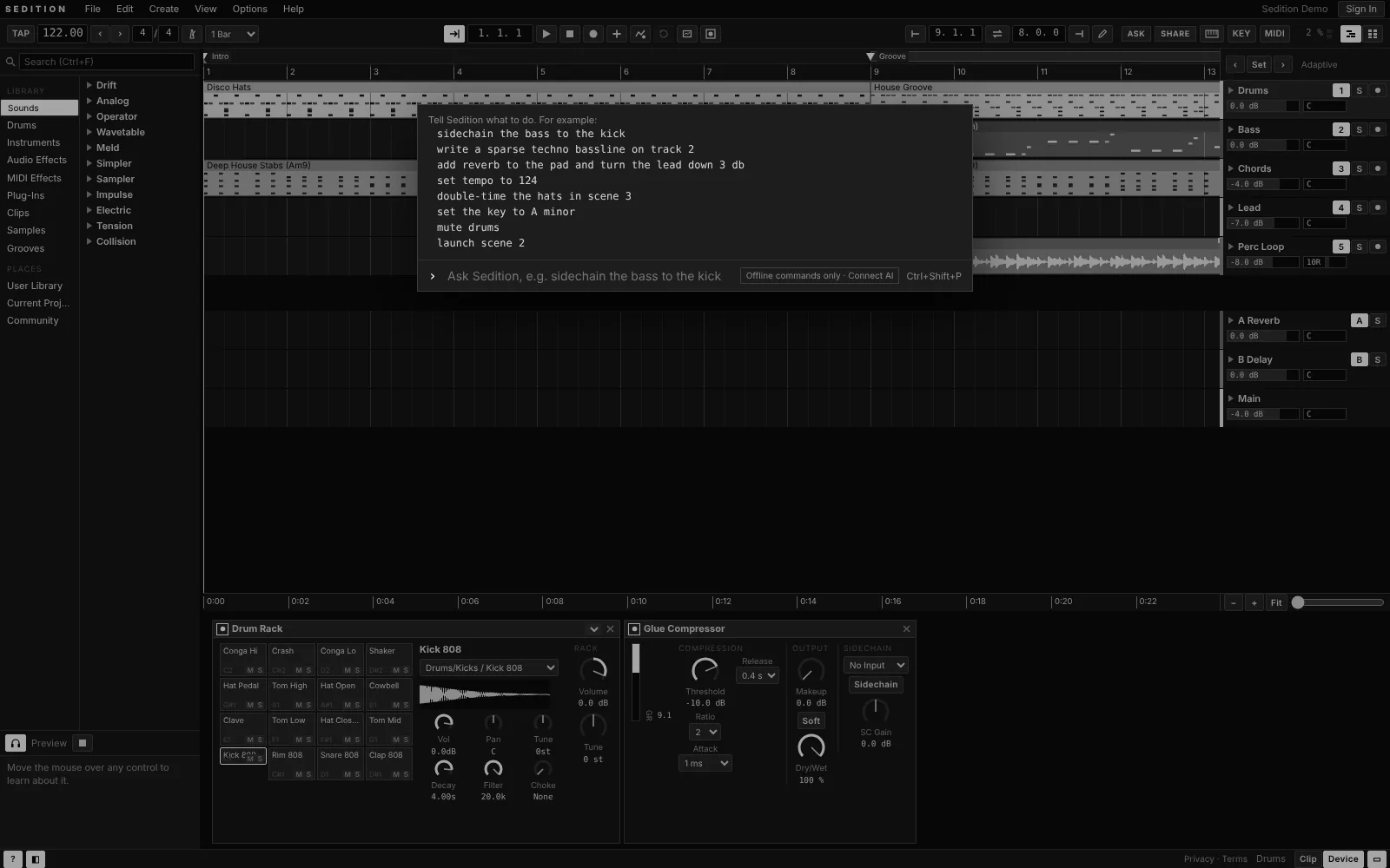 Sedition DAW arrangement view with the Ask Sedition command palette open, listing example commands such as set tempo to 124 and mute drums.