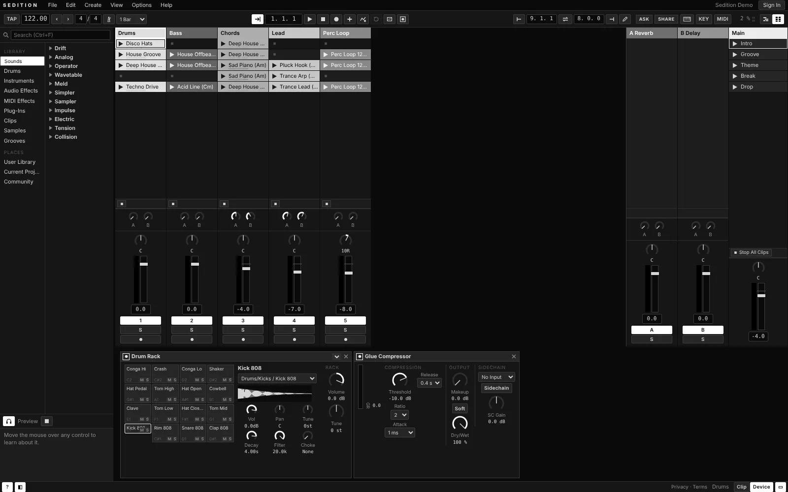 Sedition DAW session view: a clip grid of drums, bass, chords, lead and percussion loops above a mixer, with a Drum Rack and Glue Compressor open below.